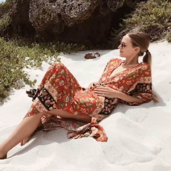 Dresses & Skirts - SOLD OUT Red Bohemian Floral Open Back Kimono Maxi Dress